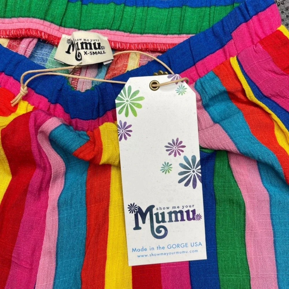 NEW Show Me Your Mumu Rainbow Stripe‎ Wide Leg Rayon Pants Elastic Waist XS NWT